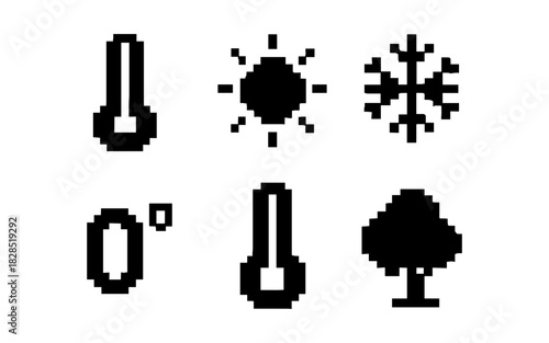 Pixel art weather icons: sun, snowflake, thermometer, temperature, tree