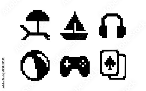 Pixel art symbols of leisure activities and entertainment