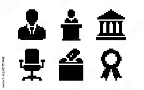 Pixel art icons of government and politics in retro style
