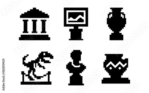 Pixel art museum icons: artifacts, dinosaurs, and exhibits