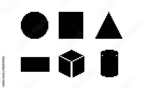Pixel art geometric shapes: circle, square, triangle, rectangle, cube, capsule