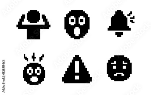 Pixel art emotion and alert icons set in black and white