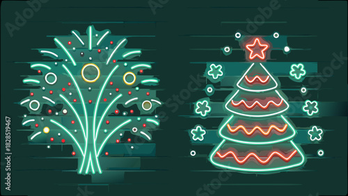 Festive neon Christmas tree and firework display bring holiday cheer and joy to your seasonal designs