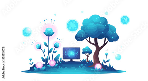 Digital Nature Landscape with Futuristic Computer and Glowing Flora.