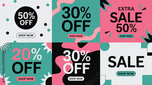 Colorful Discount Sale Banners for Promotions with Various Percentage Off Offers and Shop Now Buttons