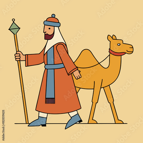 Stylized illustration of a man in traditional clothing walking with a camel