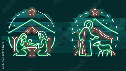 Glowing neon nativity scene with Mary, Joseph, Jesus, shepherd, and sheep celebrating Christmas