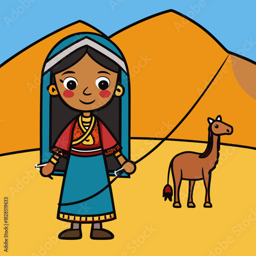 Cartoon girl in traditional clothing with a camel in the desert