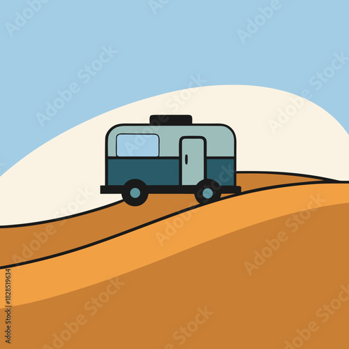 Retro travel trailer driving through stylized desert landscape