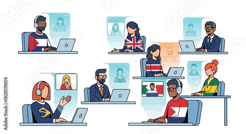 Diverse group of people collaborating remotely using laptops and video conferencing.