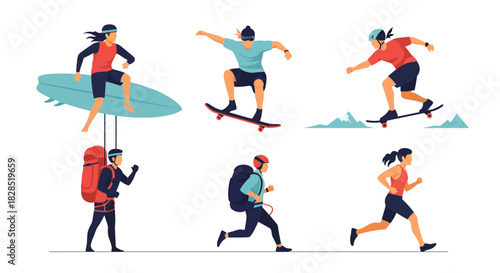 Diverse Group of People Engaged in Various Extreme Sports and Outdoor Activities.