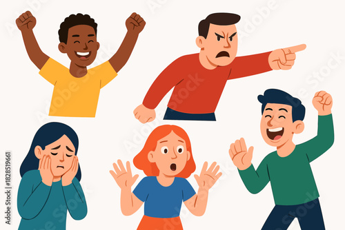Diverse group of people expressing various emotions and reactions.