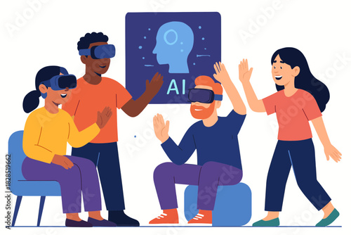 Diverse group of people experiencing virtual reality and AI technology together.