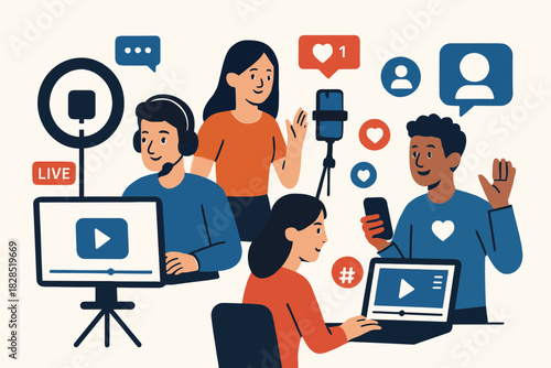 Diverse group of people live streaming and creating content online.