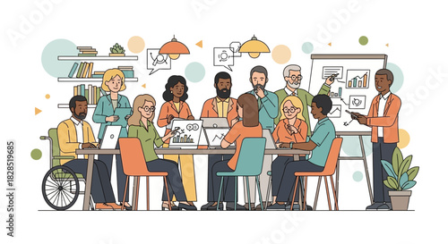 Diverse group of professionals collaborating in a modern office meeting.