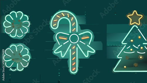 Festive neon Christmas icons bring holiday cheer to your designs with candy cane, Christmas tree and ornaments