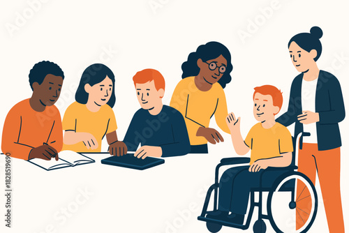Diverse group of students collaborating in a classroom setting with one student in a wheelchair.