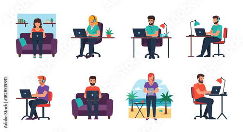 Diverse people working remotely on laptops in various settings.