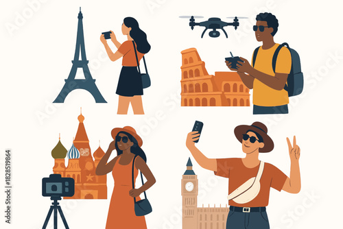 Diverse travelers capturing iconic landmarks with cameras and drones.