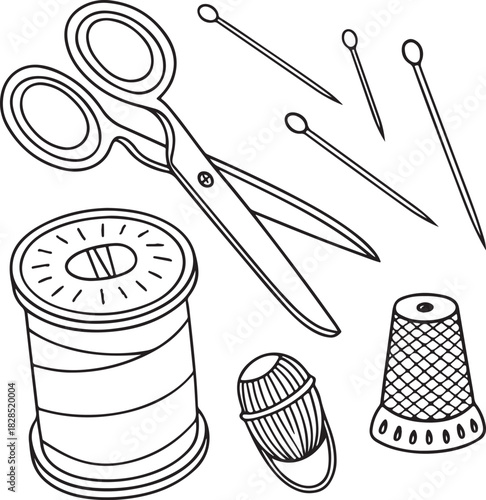 Set of sewing tools with vintage clock time icon concept design illustration