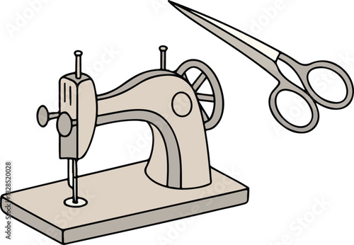 Antique metal sewing machine tool with spool and thread for vintage textile craft work