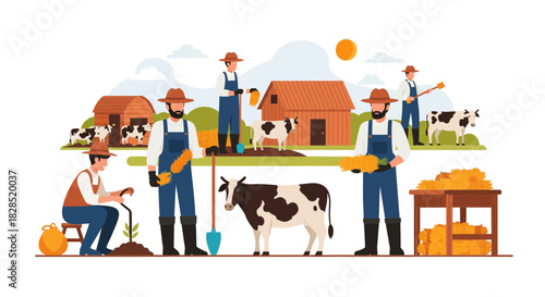 Farmers Working Together on a Sustainable Farm with Cows and Crops.