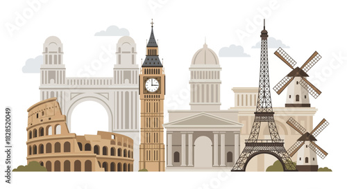 Famous European Landmarks Collage Illustration.