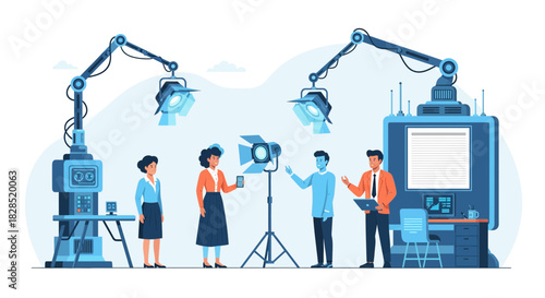 Film Production Crew Setting Up Lights and Equipment on Set.