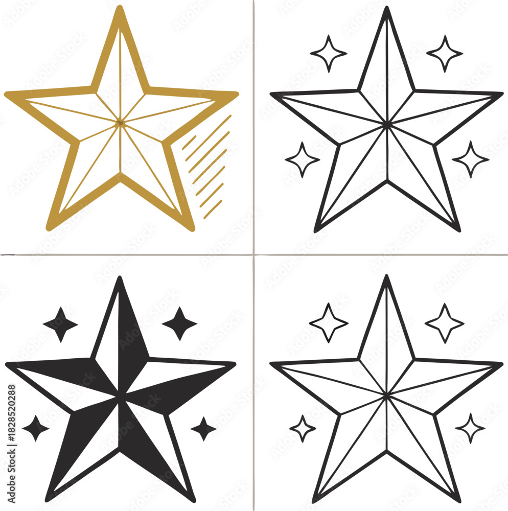 Obraz premium Four stylized star icons in gold black and grey on black background Keywords: star icon, gold star, black star, grey star, outline star, filled