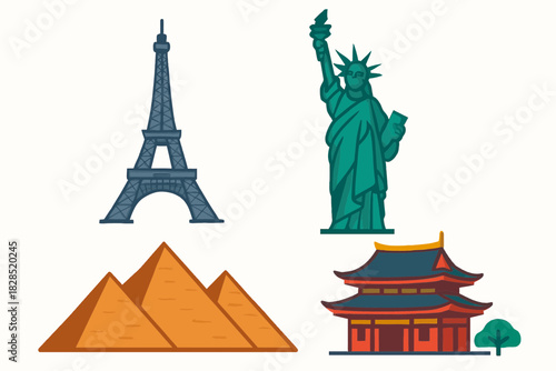 Iconic World Landmarks Collection Eiffel Tower Statue of Liberty Pyramids and Pagoda.