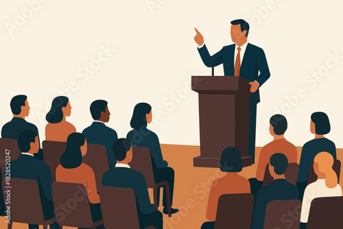 Man giving presentation to audience at podium.