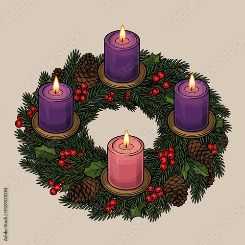Traditional Advent wreath with three purple and one pink lit candles, decorated with pinecones and holly berries