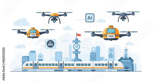 Futuristic Urban Transportation with Drones and HighSpeed Train.