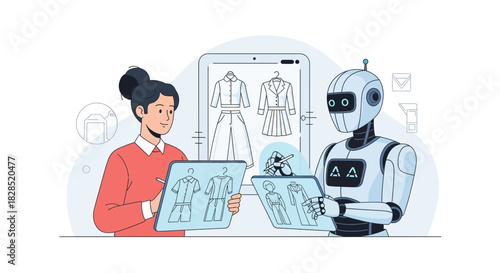 Woman and Robot Collaborating on Fashion Design with AI Technology.
