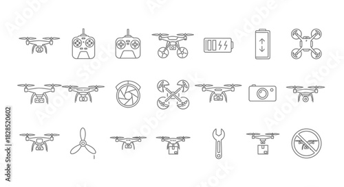 Drone line art icons illustrate various aircraft models and accessories in a minimalist style, set against a plain white background.
