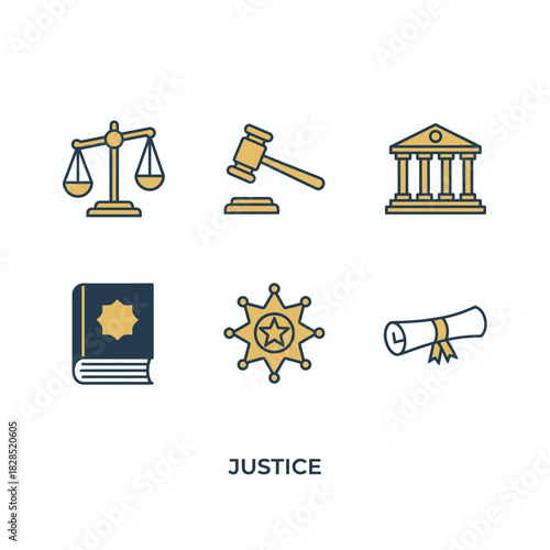 A set of simple justice-themed icons featuring scales, a gavel, a courthouse, a law book, a sheriff badge, and a diploma, symbolizing law, order, and legal authority.