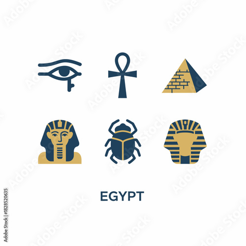 A set of ancient Egypt icons featuring the Eye of Horus, ankh, pyramid, pharaoh masks, and scarab beetle, symbolizing history, mythology, and timeless culture.