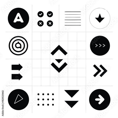 Grid of various black and white icons and symbols vector illustration