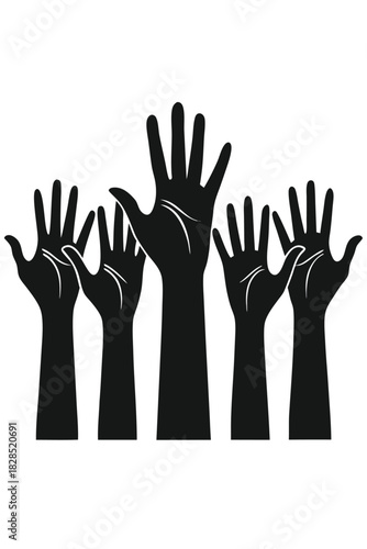 Group Of Five Black Silhouetted Hands Reaching Upwards raised arms