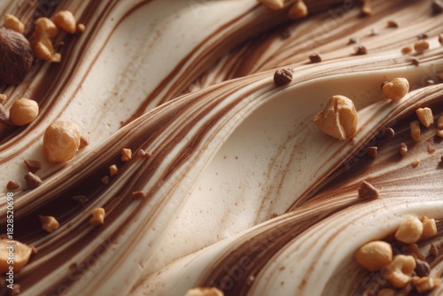 A close-up of creamy ice cream with chocolate swirls and chopped nuts, captured under soft natural lighting.