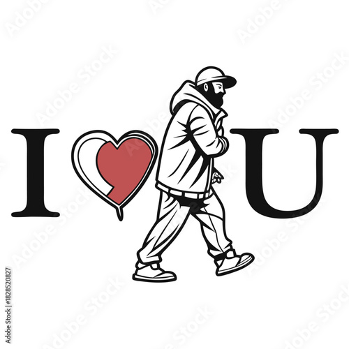 I Love You Message with Man Walking Through Heart Symbol text typography