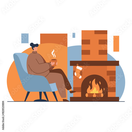 A cozy flat illustration of a person relaxing in a chair with a warm drink beside a lit fireplace, creating a calm and comforting home atmosphere.