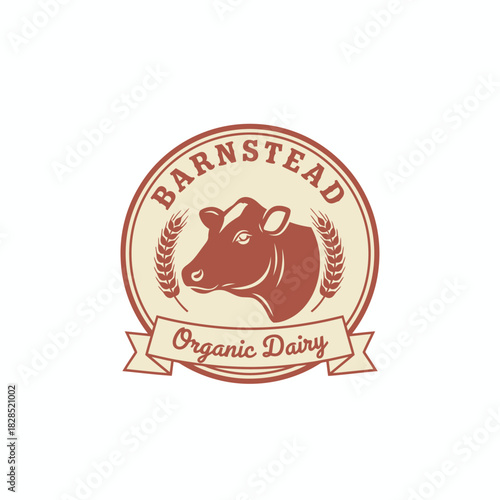 A vintage-style organic dairy logo featuring a cow head within a circular badge, symbolizing freshness, tradition, and high-quality farm-produced milk products.