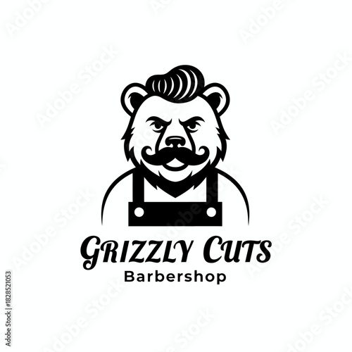 A bold barbershop logo featuring a stylish grizzly bear with a mustache and slicked hair, reflecting strength, craftsmanship, and a classic grooming vibe.