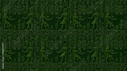 Green background with a pattern of Egyptian hieroglyphs and figures.