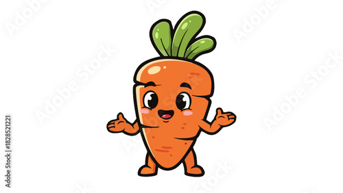  Cute cartoon carrot mascot with cheerful smile, orange body and green top, standing playfully isolated on white background for kids nutrition designs.