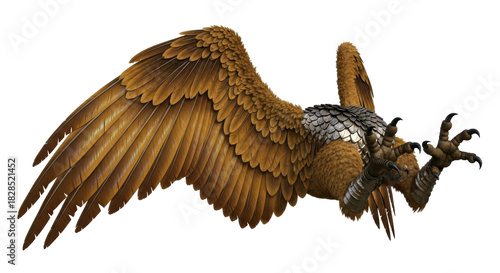 Isolated Gryphon attacking with claws and wings ready to strike, mythical creature attack