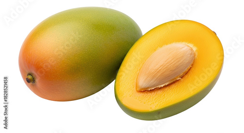 Isolated Whole and Halved Mango Showing the Seed, Exotic Fruit on Display, Close-Up View