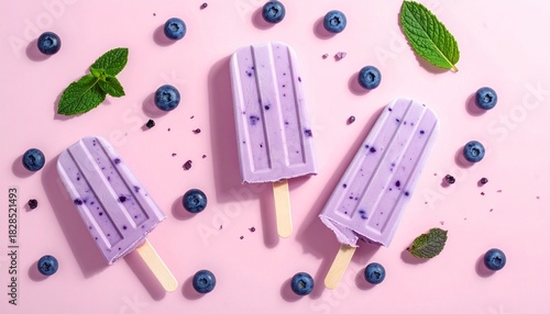Blueberry and Mint Popsicles on Pink Background