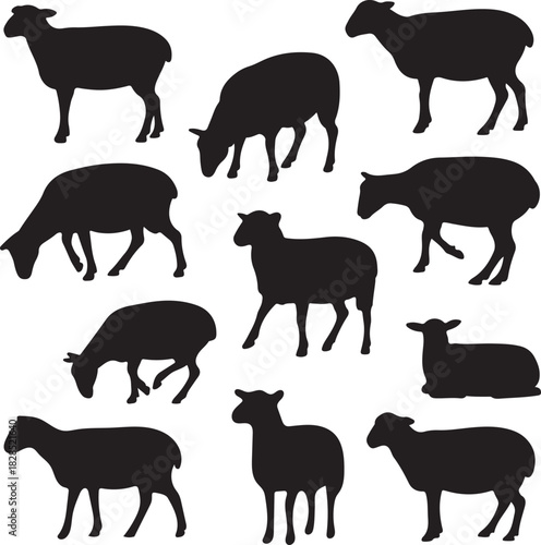 Collection of black sheep and lamb silhouettes in various grazing and standing poses for farm branding